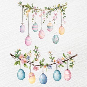 May include: A watercolor illustration of Easter eggs hanging from branches with pink and white flowers. The eggs are decorated with pastel colors and patterns.