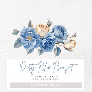 Clipart bouquet de roses chou bleu et or, fleur bleu clair Png, bordure florale bleu vieux, clipart mariage, faire-part, aquarelle