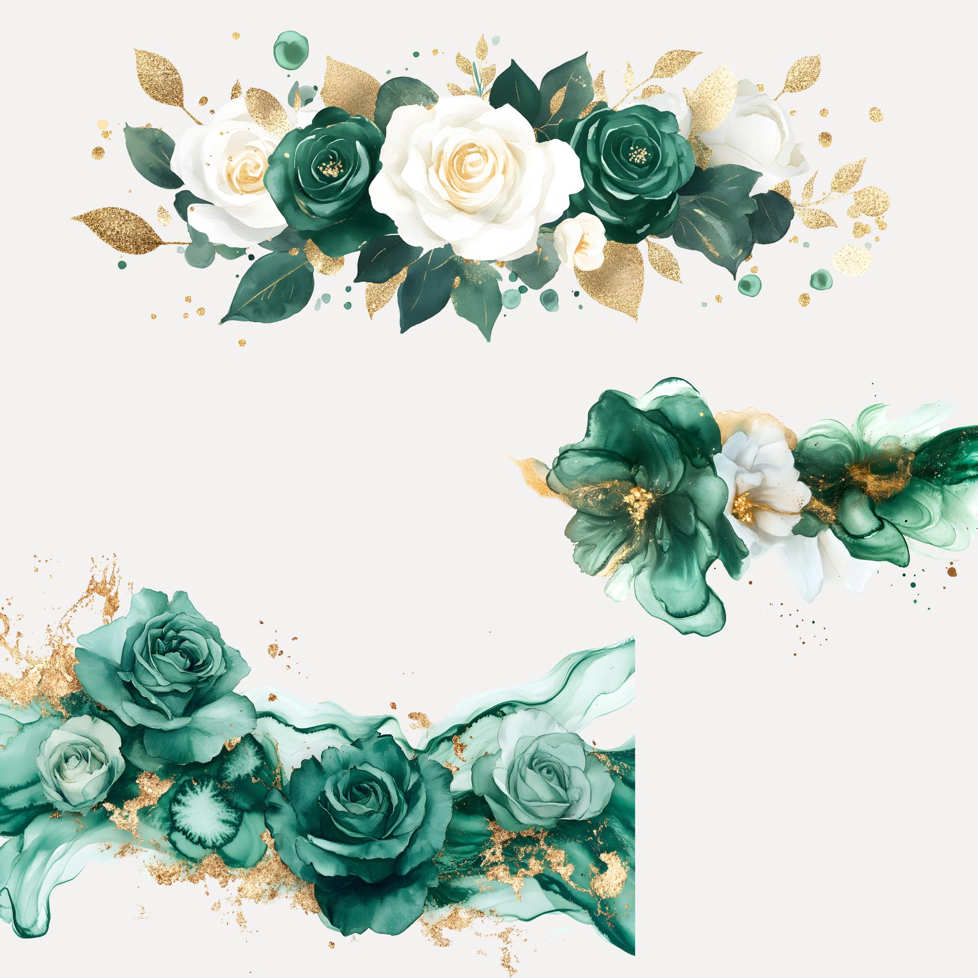 Emerald Green and Gold Floral Clipart, Ivory Gold Roses Png, Borders ...
