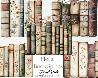 Book Spine Clip Art, Vintage Books Png, Rustic Flowers Clipart, Vintage Watercolor, Neutral, Fantasy Digital Printable Covers, Junk Journal