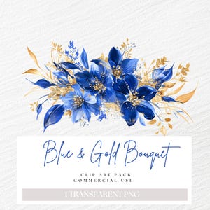 Illustraties koningsblauw en goud boeket, clipart koningsblauw bloemen, koningsblauw bruiloft png, goud glitter rustiek, bruids uitnodiging, aquarel