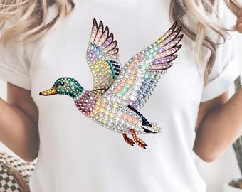 Anatra selvatica in strass finti che vola in PNG per Pasqua, PNG di Pasqua alla moda, design per maglietta da caccia pasquale, design per sublimazione del paese, download digitale