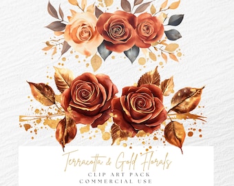 Terracotta Floral Clipart, Orange Gold Roses Clip Art, Fall Flower Border Invitation, Fall Wedding Bouquet PNG, Autumn Wedding, Watercolor