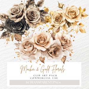 Clipart de flores mocha, Clip Art floral dourado com mousse mocha, Borda de convite de casamento mocha, Buquês marrons, Flores de verão e outono, Aquarela