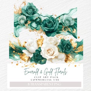 Clipart floral verde esmeralda e dourado, rosas douradas marfim png, bordas/molduras, clipart de buquê de casamento, aquarela, imagens de convite de flores