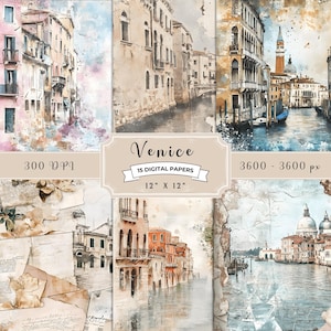 Venice Digital Papers, 15 file JPG da 12 x 12", stile estetico Shabby Chic, carta strappata e strappata, sfondo rustico, pagine di album, acquerello