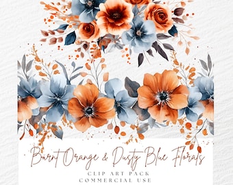 Burnt Orange and Dusty Blue Floral Clipart, Glitter Fall Flower Border Invitation PNG, Autumn Floral Wedding Bouquet Clip Art, Watercolor
