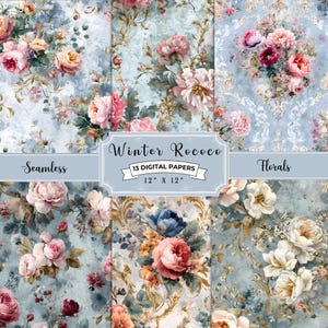 May include: A collection of seamless digital papers with floral designs. The papers feature roses and other flowers in shades of pink, peach, and white, set against a light blue background. The text reads "Winter Rococo" and "12" x 12" (30.48 cm x 30.48 cm).