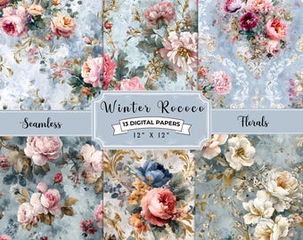 Floral Rococo Seamless Digital Papers, Rococo Repeatable Pattern, Shabby Chic Style, Winter Vintage Floral Background, Rococo Floral Pages