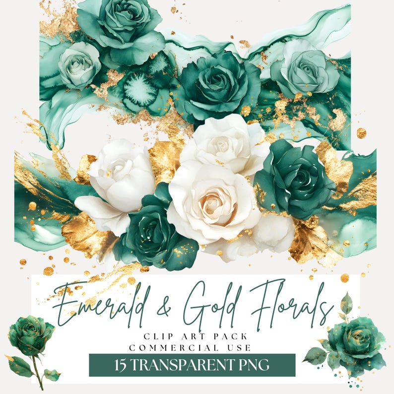 Emerald Green and Gold Floral Clipart, Ivory Gold Roses Png, Borders ...