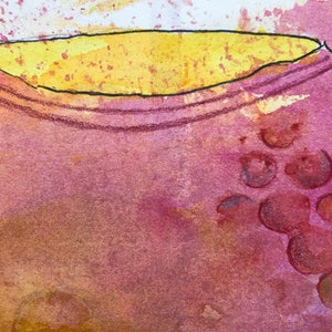 May include: Abstract watercolor painting with a yellow, orange, and red color scheme. The painting features a yellow shape at the top, with a dark outline, and a red and orange background.