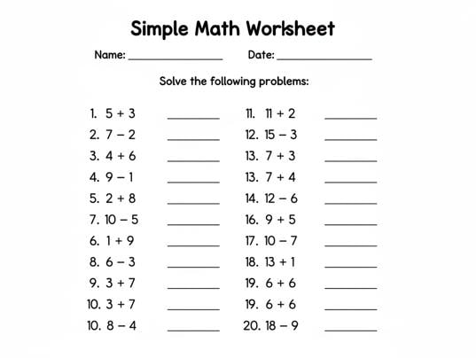 Simple Math Question Sheet.pdf Simple Math Worksheet - Etsy