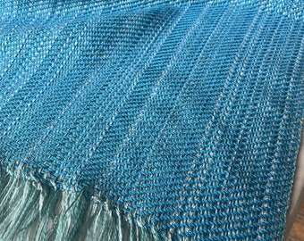 Blue Green hand woven shawl 21x 106  cotton merino wool chenille