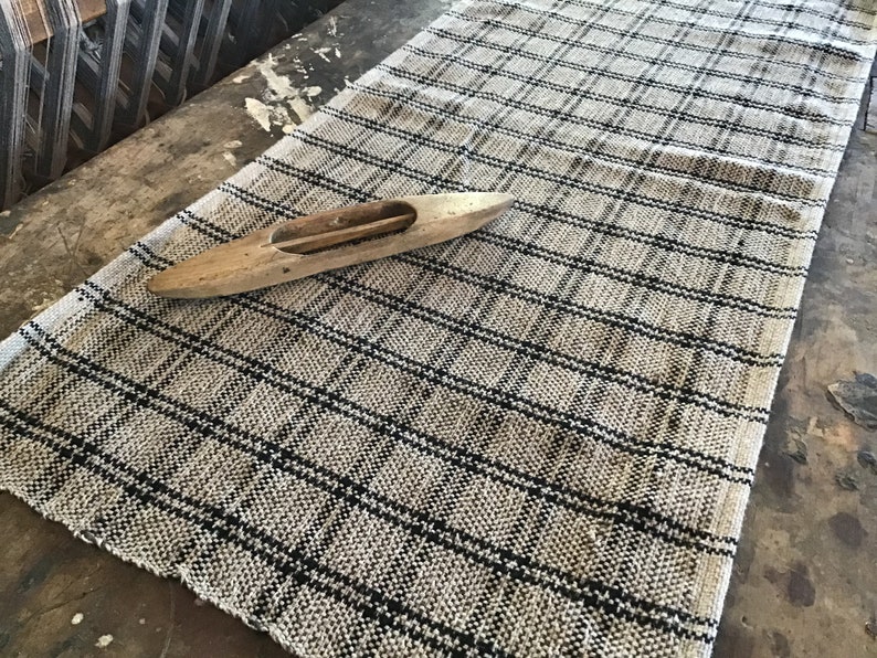 Black Tan double stripe check wool cotton table runner hand woven cloth different sizes rustic