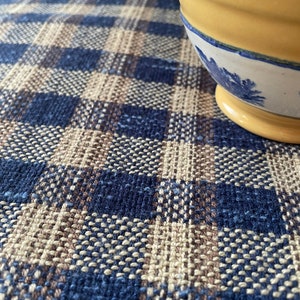 May include: A close-up of a blue and brown checkered fabric tablecloth. The fabric has a woven texture.