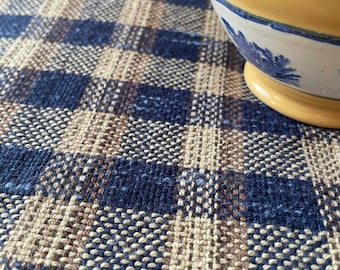 Blue oatmeal tan check table runner table cloth towels hand woven cotton  machine washable Made in Maine