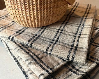 Linen Cotton square rectangle cloths hand woven black tan check hemmed washable