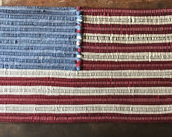 Flag American Country Folk Art  rag rug wall hanging  14 x 25 dark red off white. Recycled blue jeans