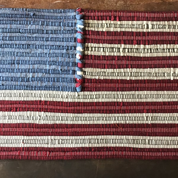 Flag American Country Folk Art  rag rug wall hanging  14 x 25 dark red off white. Recycled blue jeans