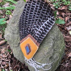 Turkey Wing Feather Ceremonial Smudge Fan with Blue Kyanite Crystal