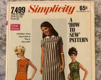 Simplicity 7499 Shift Dress Vintage Sewing Pattern Size 11 12 Bust 32 UNCUT