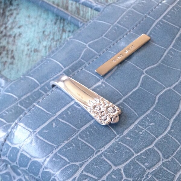 APRIL Key Ring Finder Handcrafted Vintage Spoon Handle Rogers Upcycled 1950s Silverware Flatware Purse Hook Bling Sunflowers