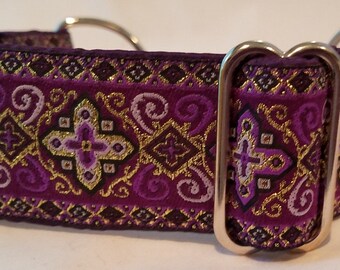 1.5" Pink, Gray, Brown, Green or Purple Metallic Jacquard Ribboon Greyhound, Galgo, Sighthound Martingale Collar