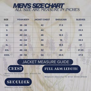 May include: A size chart for men's jackets, with measurements in inches. The chart includes sizes XS to XXXL, detailing body, chest, shoulder, and sleeve measurements. It also features a jacket measure guide for chest, shoulder, and full arm length.