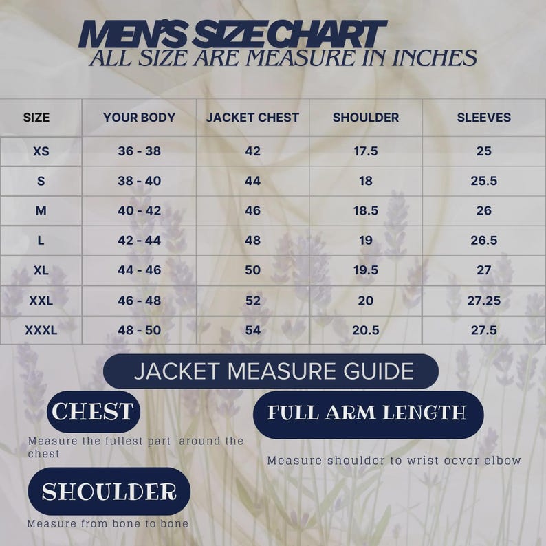 May include: A size chart for men's jackets, with measurements in inches. The chart includes sizes XS to XXXL, detailing body, chest, shoulder, and sleeve measurements. It also features a jacket measure guide for chest, shoulder, and full arm length.