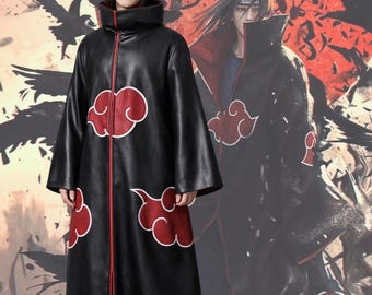 Op anime geïnspireerde handgemaakte cosplayjas | Zwarte leren mantel met rood wolkontwerp | Hoogwaardig leren kostuum | Uniseks cosplay