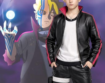 Anime Inspired Black Leather Jacket | Cosplay Jacket for Anime Fans | Red Stripe Jacket | Manga Style Costume Jacket | Unisex Cosplay Outfit