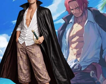 Anime Inspired Long Black Leather Pirate Coat • Men’s Cosplay Costume Jacket •  High Collar Anime Cosplay Outerwear • Cosplay Costume Coat
