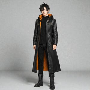 May include: A long black leather coat with an orange lining. The coat has a hood, a cross-shaped detail on the shoulder, and is worn with black trousers and boots. The coat is a full-length design.