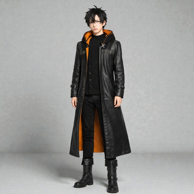 May include: A long black leather coat with an orange lining. The coat has a hood, a cross-shaped detail on the shoulder, and is worn with black trousers and boots. The coat is a full-length design.