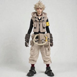 May include: A person wearing a beige tactical outfit with a hooded vest, cargo pants, and black boots. The outfit includes a utility belt with pouches and a yellow armband. The person has short, spiky blonde hair.