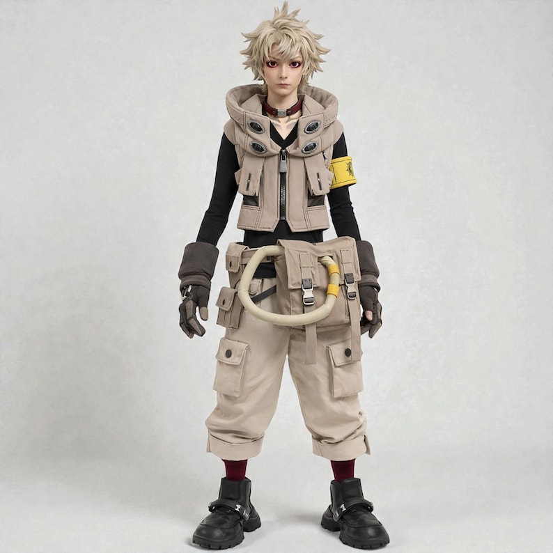 May include: A person wearing a beige tactical outfit with a hooded vest, cargo pants, and black boots. The outfit includes a utility belt with pouches and a yellow armband. The person has short, spiky blonde hair.