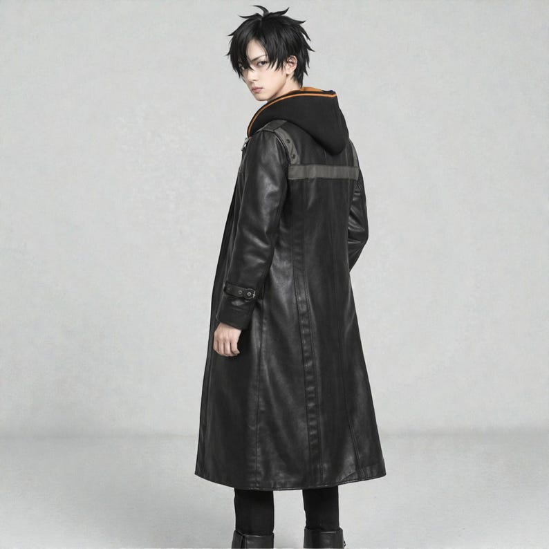 May include: A long black leather coat with a hooded sweatshirt underneath. The coat has a button closure and a grey stripe across the upper back. The hood has an orange trim. The person is wearing black trousers and boots.