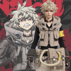 May include: A person in a cosplay outfit, featuring a beige vest with multiple pockets and a matching utility belt. The outfit includes a black long-sleeve shirt, gloves, and a red choker. The background has a cartoon illustration of the character.