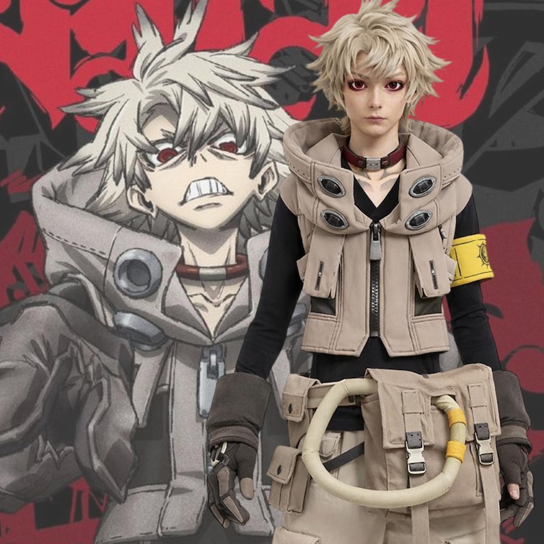 May include: A person in a cosplay outfit, featuring a beige vest with multiple pockets and a matching utility belt. The outfit includes a black long-sleeve shirt, gloves, and a red choker. The background has a cartoon illustration of the character.