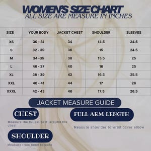May include: A women's size chart with measurements in inches. The chart includes sizes XS to XXXL, detailing jacket chest, shoulder, and sleeve measurements. It also provides a jacket measure guide for chest, full arm length, and shoulder.