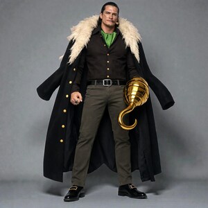May include: A character dressed in a black coat with gold buttons and a white fur collar. He wears a dark brown shirt, green undershirt, and brown pants. A gold hook is held in his right hand. The character is standing in front of a gray background.