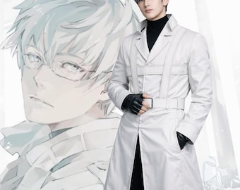 Abrigo largo blanco inspirado en anime / Gabardina de cosplay / Abrigo de disfraz de anime japonés / Traje de cosplay de cuero premium / Abrigo hecho a medida