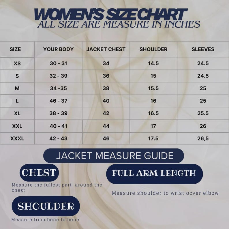 May include: A women's size chart in inches, detailing jacket measurements. Includes sizes XS to XXXL, with corresponding body, chest, shoulder, and sleeve measurements. Also includes a jacket measure guide with chest, full arm length, and shoulder measurements.