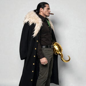 May include: A person in a black coat with gold buttons and a cream fur collar, holding a gold hook. They wear a brown shirt, green tie, and gray pants, with a cigar in their mouth. The image is set against a plain background.