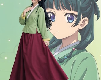Anime inspiriertes japanisches Kostüm für Frauen | Grünes Kimono-Oberteil & Kastanienbrauner Hakama-Rock | Anime Cosplay Outfit | Traditionelles Japan-Kleid
