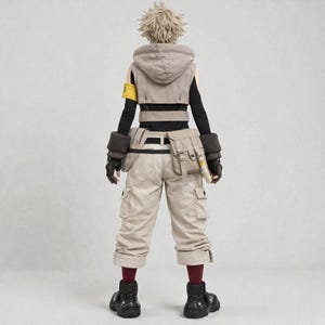 May include: A cosplay outfit featuring a beige hooded vest, cargo pants, and a utility belt. The outfit includes black gloves, boots, and a yellow arm band. The character has short, spiky blonde hair and is viewed from the back.