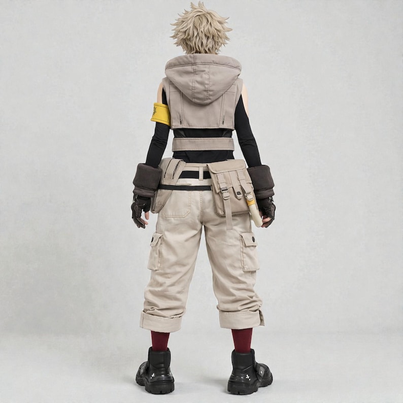 May include: A cosplay outfit featuring a beige hooded vest, cargo pants, and a utility belt. The outfit includes black gloves, boots, and a yellow arm band. The character has short, spiky blonde hair and is viewed from the back.
