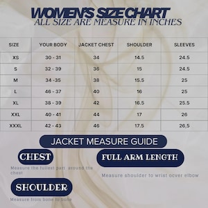 May include: A women's size chart in inches, detailing jacket measurements. Includes sizes XS to XXXL, with corresponding body, chest, shoulder, and sleeve measurements. Also includes a jacket measure guide for chest, full arm length, and shoulder.