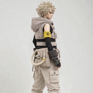 May include: A cosplay outfit featuring a hooded vest, cargo pants, and a utility belt. The vest is gray with black accents, and a yellow armband with a circular emblem is visible. The pants are beige, and the outfit has a post-apocalyptic or futuristic theme.