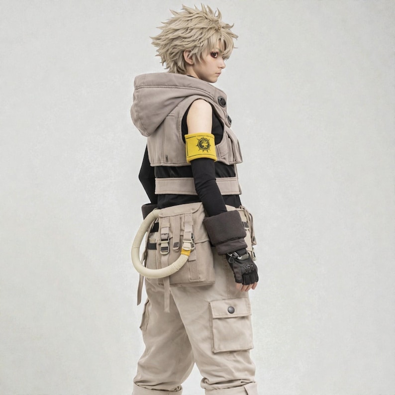 May include: A cosplay outfit featuring a hooded vest, cargo pants, and a utility belt. The vest is gray with black accents, and a yellow armband with a circular emblem is visible. The pants are beige, and the outfit has a post-apocalyptic or futuristic theme.